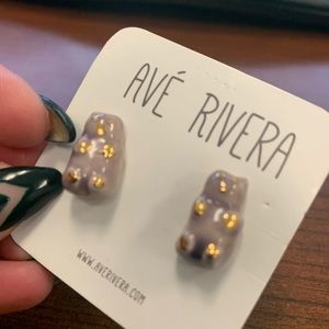 Handmade purple and gold Gummy bear stud pierced earrings by Ave Rivera